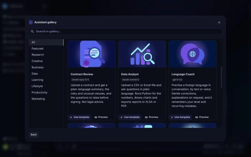 Assistant gallery with ready-made assistant templates