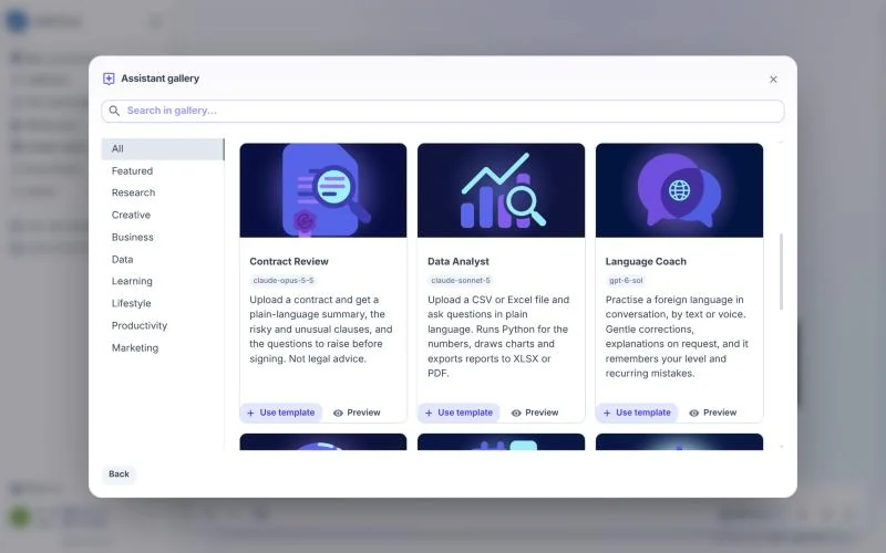 Assistant gallery with ready-made assistant templates