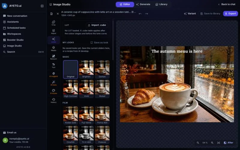 Image Studio editor with a cafe photo and film looks