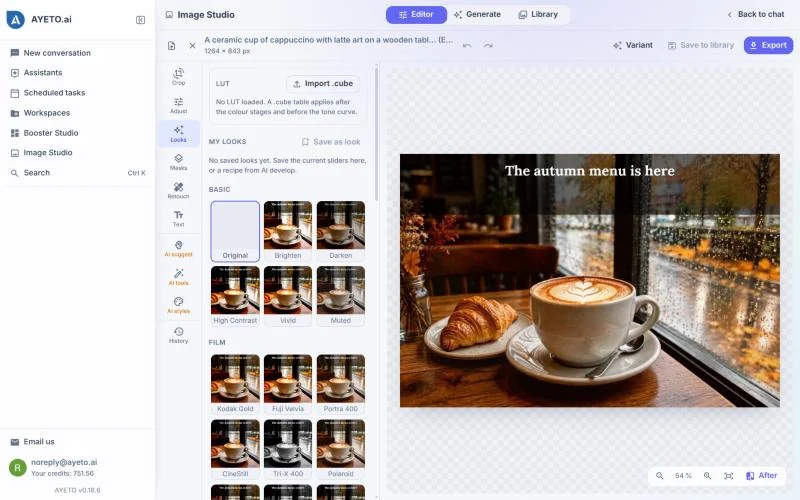 Image Studio editor with a cafe photo and film looks