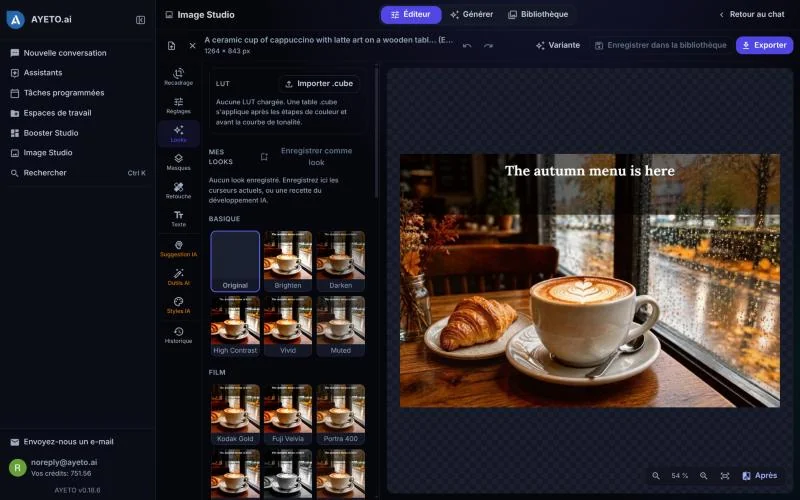 Éditeur d'Image Studio avec une photo de café et des rendus argentiques