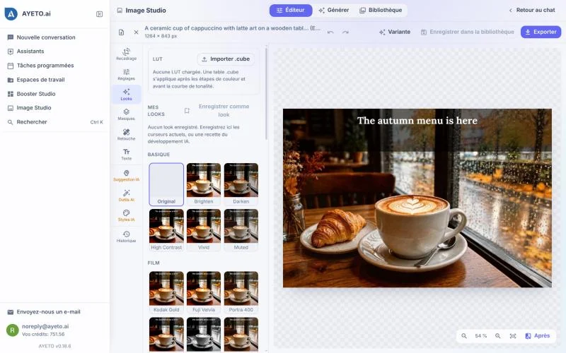 Éditeur d'Image Studio avec une photo de café et des rendus argentiques