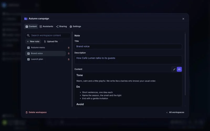 Workspace with notes shared with the assistants