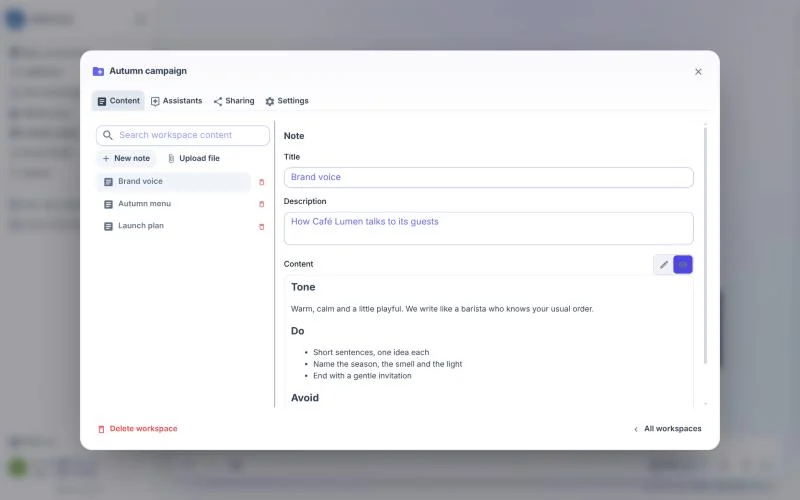 Workspace with notes shared with the assistants