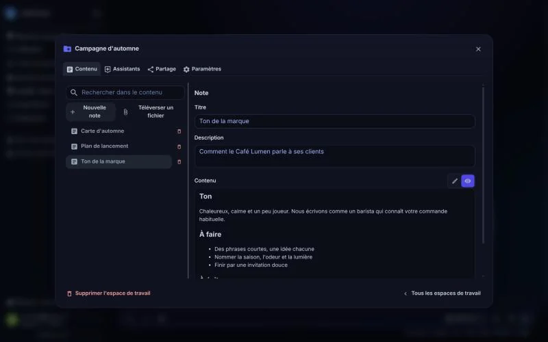 Espace de travail avec des notes partagées avec les assistants
